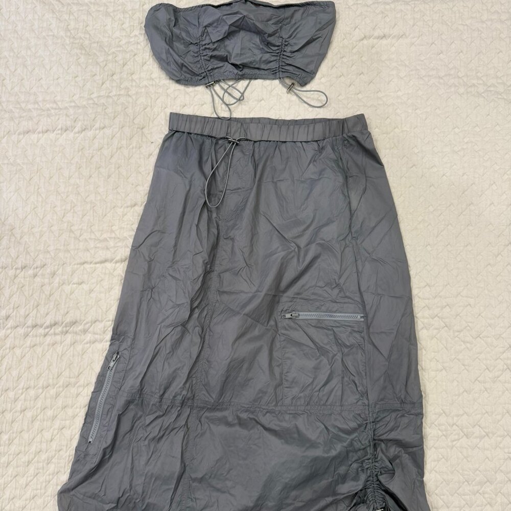 Dolls Kill New Pink Grey Nylon Drawstring Top Midi Skirt 2PC Outfit Womens Sz. S